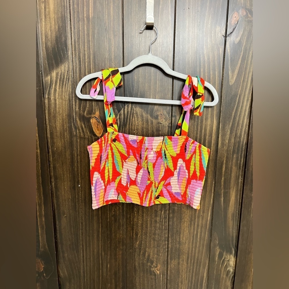 Lulus Red, Tropical-Multi Print Smocked Tie-Strap Top - 
Size: XL - Picture 3 of 8